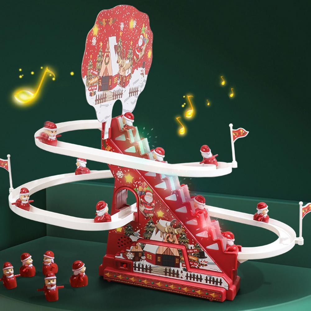 Christmas Santa Climbing Track Toy with LED Light Music Electric Santa Claus Climbing Stair Roller C