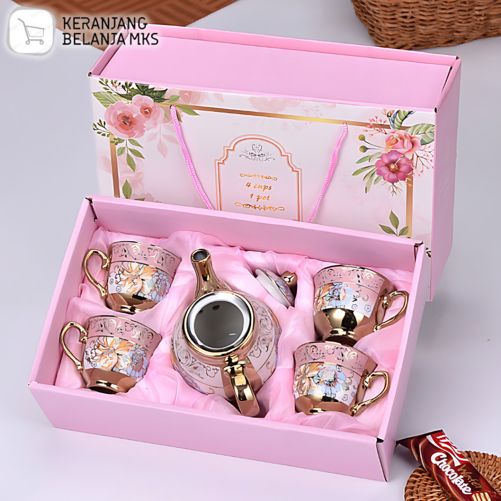Parcel Cangkir Teko Keramik Set 4 Gelas 1 Teko European Style Parcel Kado