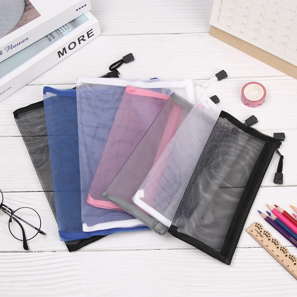 

Simple Transparent Zipper Pencil Case Mesh Cosmetic Storage Bag Clear Stationery Bag Nylon Makeup Pouch Portable Travel Handbag