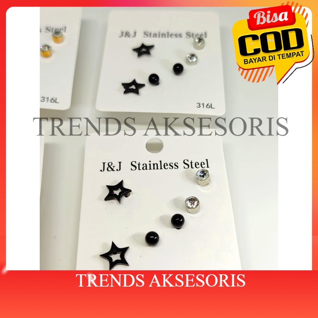 [TRENDS COD]. Anting Tusuk 6 Pcs (3 pasang) Warna HItam Keren Fashion Ala Korea Set anting fashion k