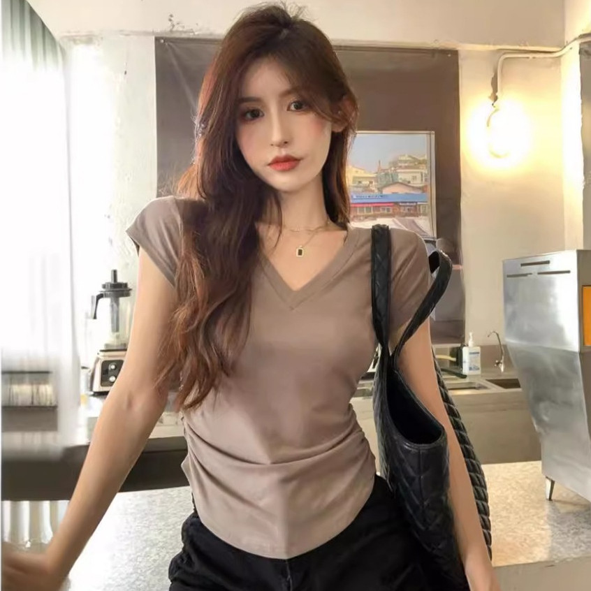 PEACHIE | BJ1744 Baju T-shirt Atasan wanita Sexy Wanita Spandex Atasan V-Neck Short Sleeve Fashion
