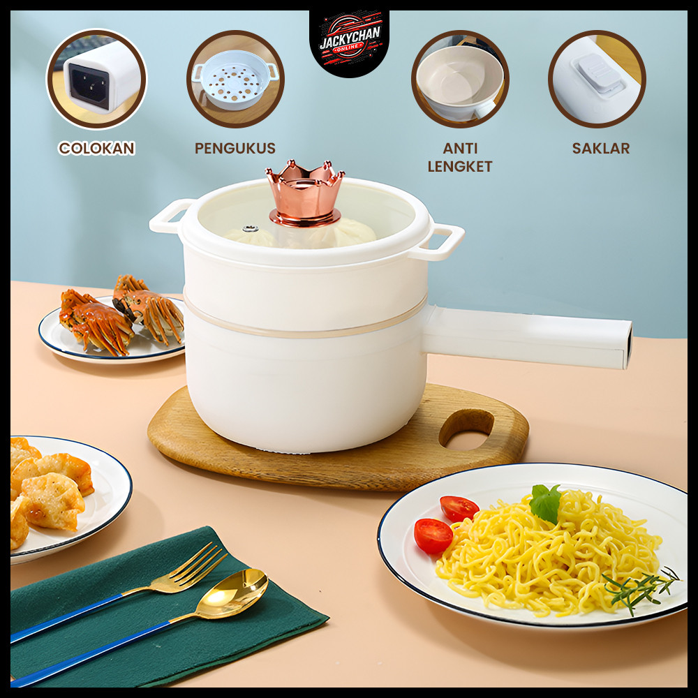 JC Panci Listrik Serbaguna 2L Kompor Listrik 20Cm Dengan Gagang Panjang Panci Putih Dua Tingkat - pu