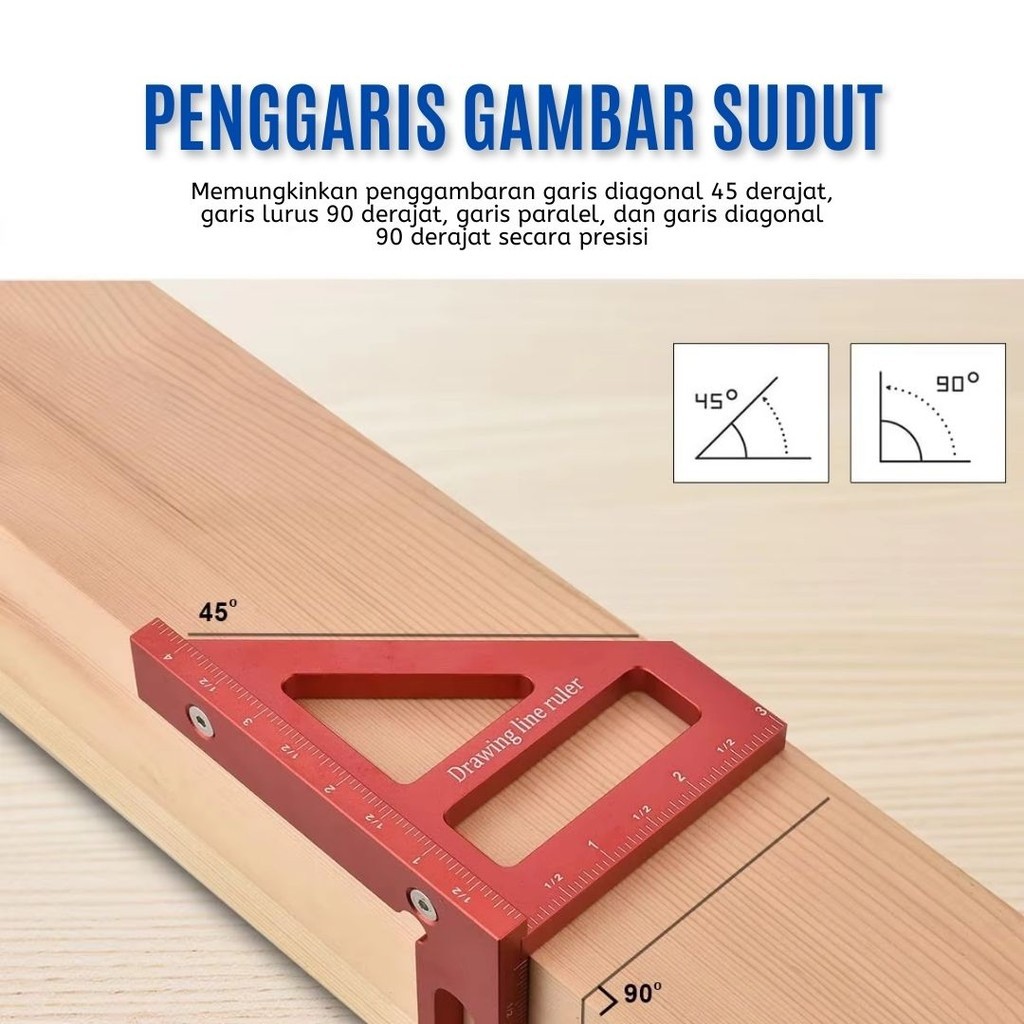 Penggaris Kayu Sudut Siku 45 90 Derajat Skala Pertukangan Metrik Aluminium Multi Angle Multifungsi