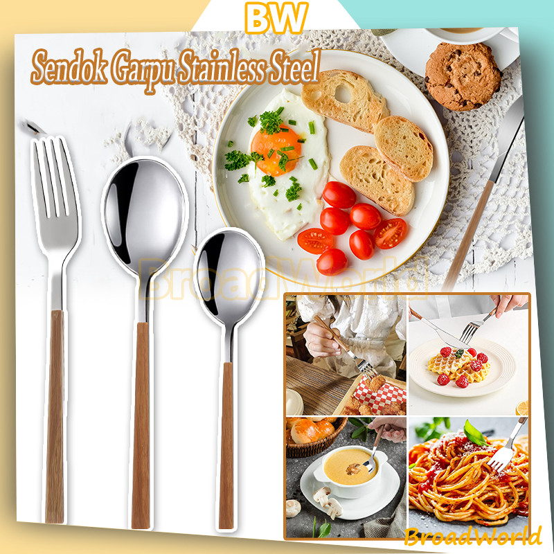 sendok garpu stainless korea wood grain handle kayu /Sendok Aesthetic/Sendok Garpu Pisau Korea /Alat