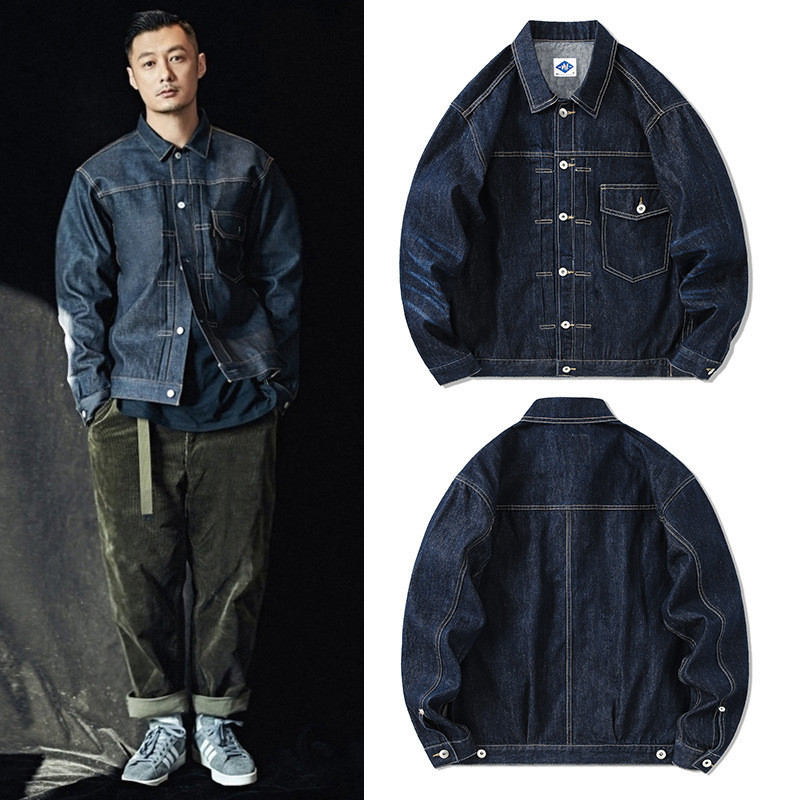 Tide Brand Dark Blue Denim Jacket Men's Casual Retro Jeans Jacket American Cargo Coats Chest Pocket 