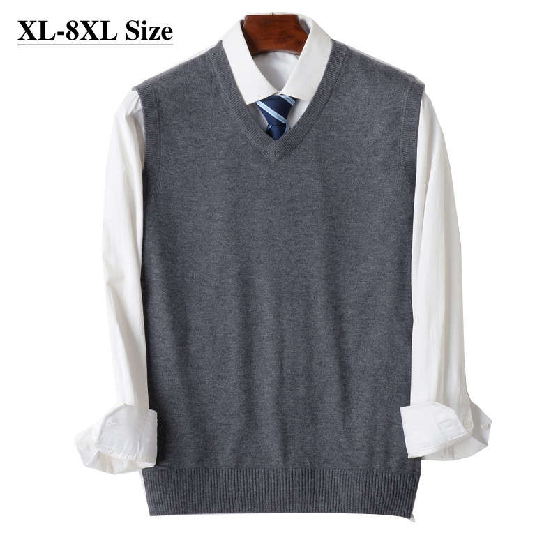 8XL 7XL 6XL Knit Vest Men's Loose Vneck Sleeveless Sweater Solid Color Business Casual Autumn Winter