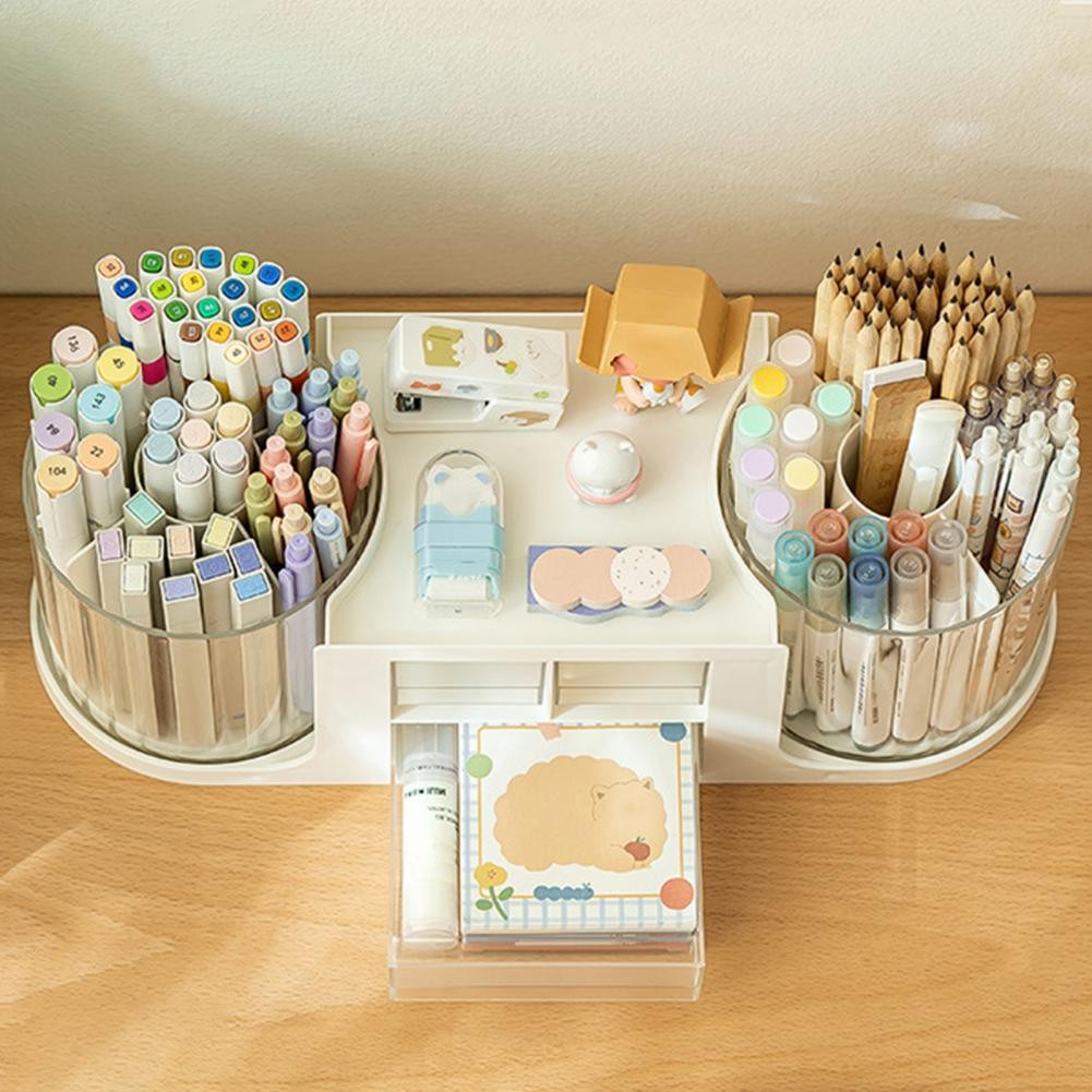 

Makeup Brush Holder Rotatable Transparent Desk Organizer with Drawer Capacity Pen Holder Storage Box for Pencils Pens Office