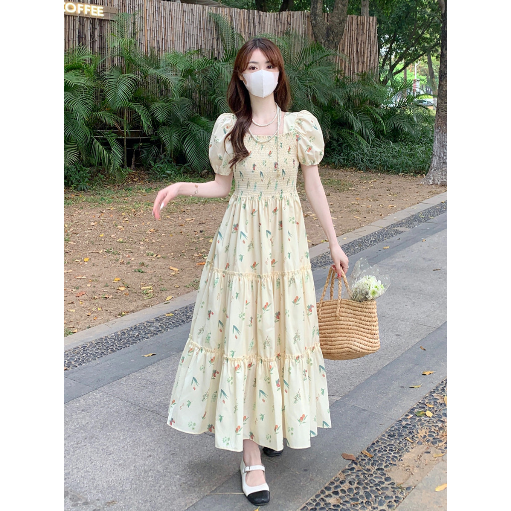 Dress Floral Wanita Korea Style Midi Dress Lengan Puff Cantik & Anggun - dress korea dress bunga squ