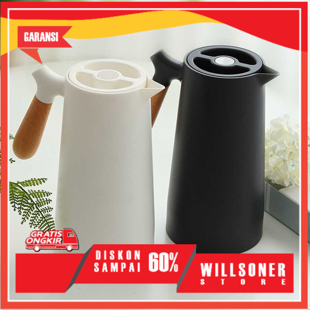 Termos Kaca Tahan Air Panas 24 Jam Aesthetic Gagang Kayu 1 Liter Pencet Teko Desain Pitcher Kopi Teh