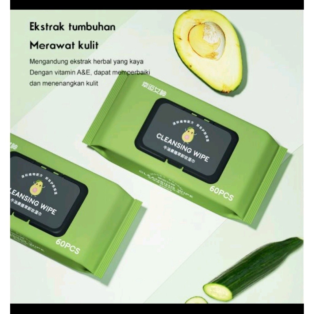 Tissue Avocado isi 60 Lembar | Tisu Penghapus Riasan Wajah Ekstrak Tanaman Alpukat 60 Lembar / Makeu