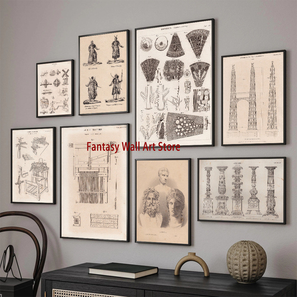 

Classical Drawings Folk Antique Art Poster Traditional Siberian Costume PrintCandlestick Architectural Prints Vintage Decoration