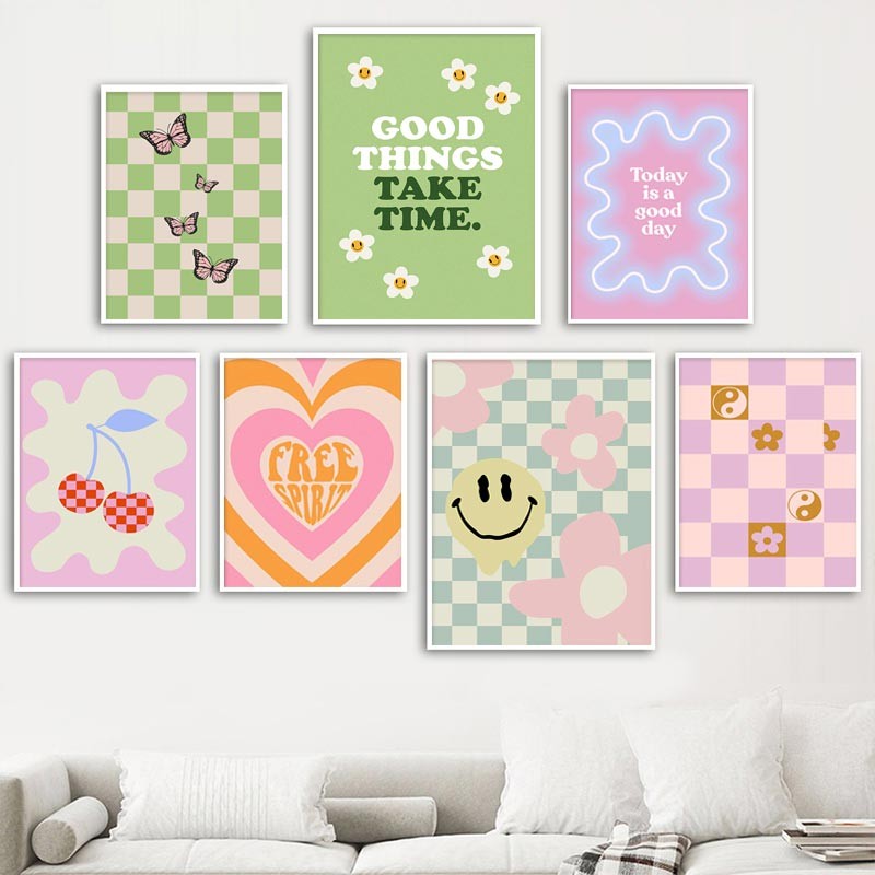 

Colorful ish Pastel Canvas Painting Aesthetic Poster Cherry Plaid Smiley Flower Butterfly Print Wall Art Nursery Home Decor