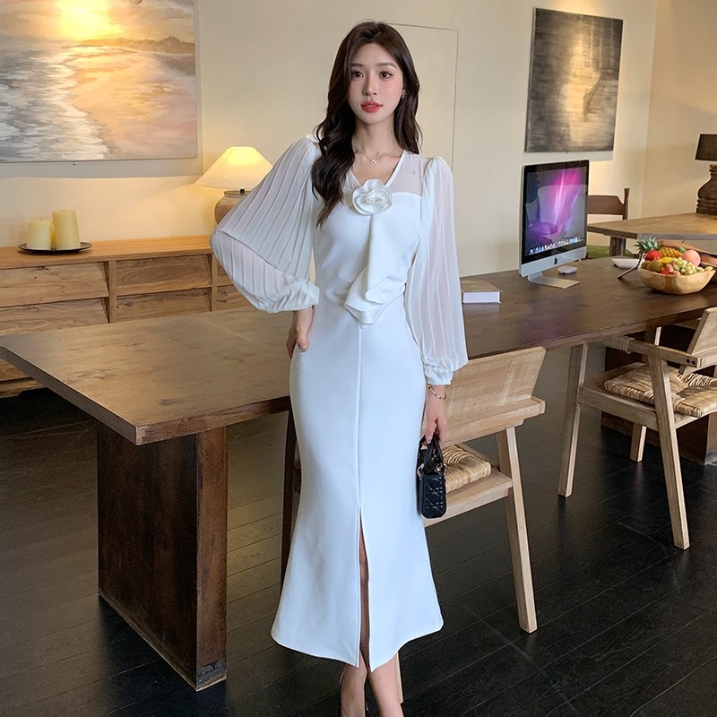 FAN Gaun Pesta Temperamen Elegan Prancis Gaun Pesta Mewah Gaun Sifon Lengan Panjang Putih