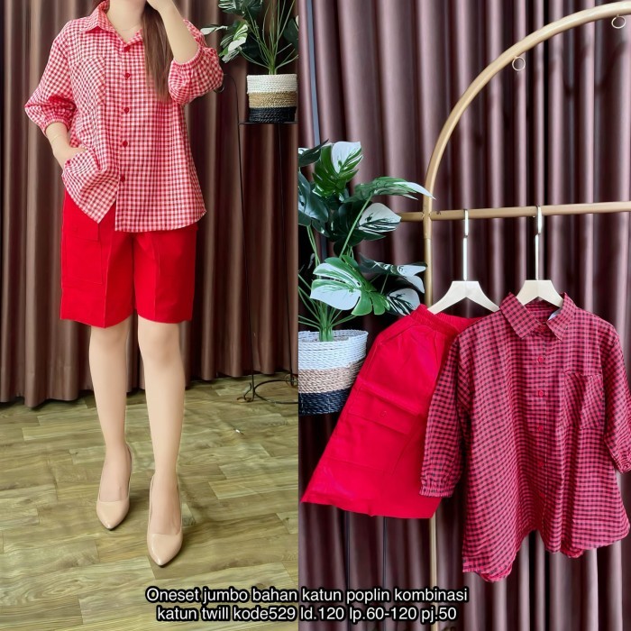 setelan celana pendek wanita merah kotak katun twill jumbo 2xl 3xl 54-