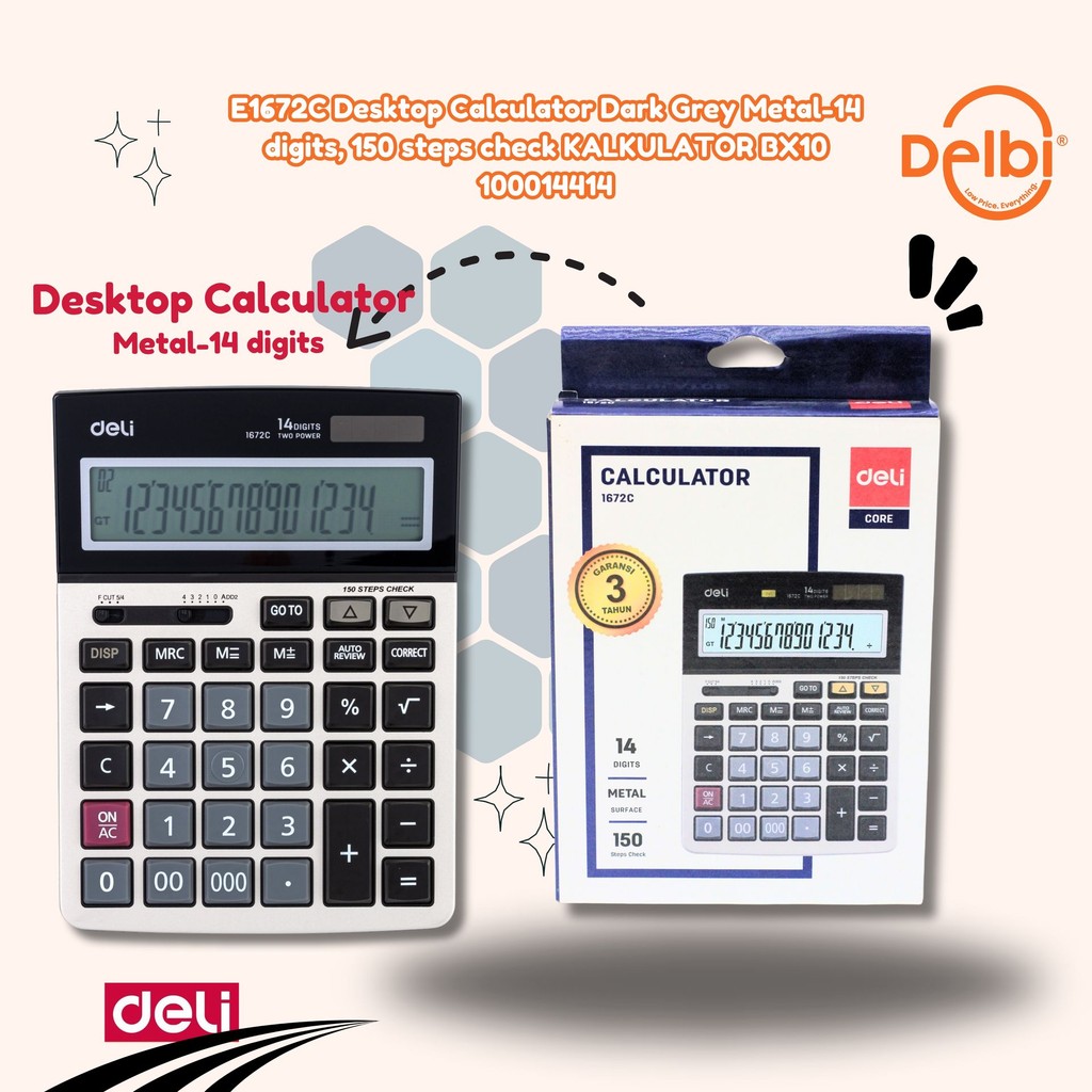 

DELI CALCULATOR 1672C E1672C Desktop Calculator Dark Grey Metal-14 digits, 150 steps check KALKULATOR BX10