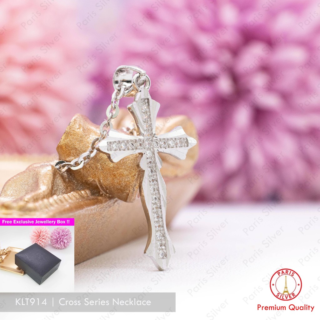 Kalung Salib Permata Perak Asli Silver 925 Lapis Emas Putih Wanita Cewek Salip Korea Elegan Ukir Gar