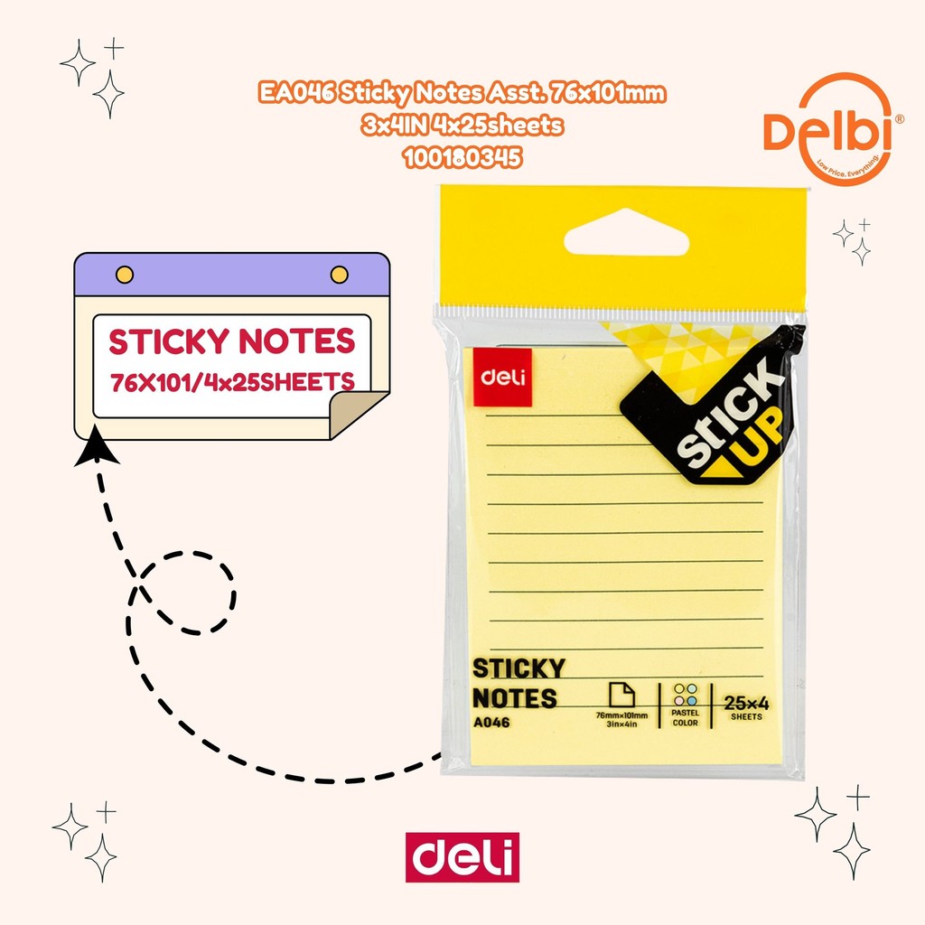 

STICK NOTE DELI (1 PCS) EA046 Sticky Notes Asst. 76x101mm 3x4IN 4x25sheets BX12