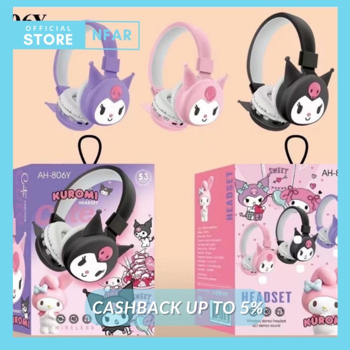 Headphone Karakter Bluetooth Kuromi Wireless Disney Cartoon Headset - Hitam