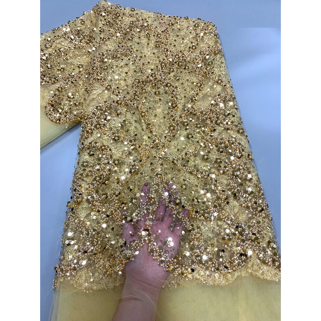 

Gold African Luxury Beaded Tulle Lace Fabric 2024 Nigerian Handmade Heavy Sequins Pearls Lace Fabric Fro Bridal Wedding Dresses