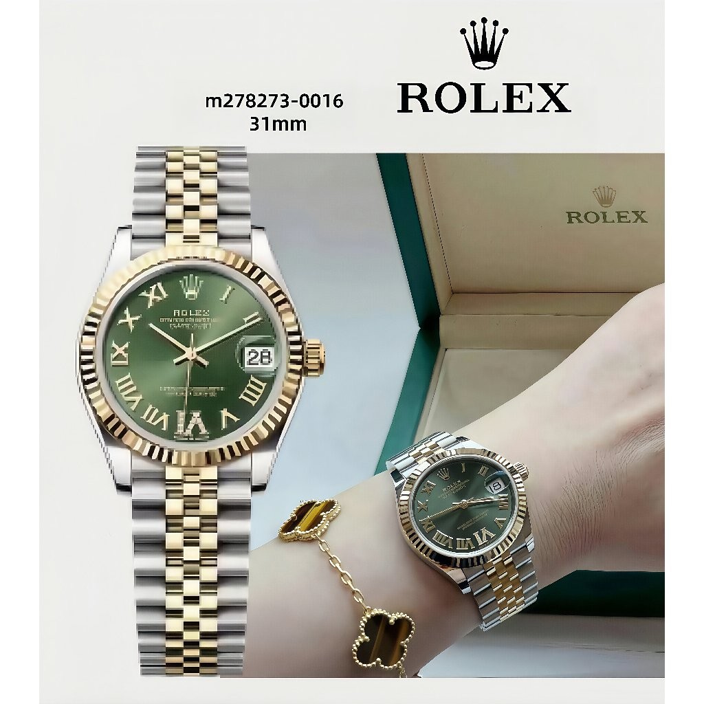 【100% ASLI】Rolex M278273-0016 Logbook Series Gold Green Rose/Green Rose Waterproof Women's Watch Aut