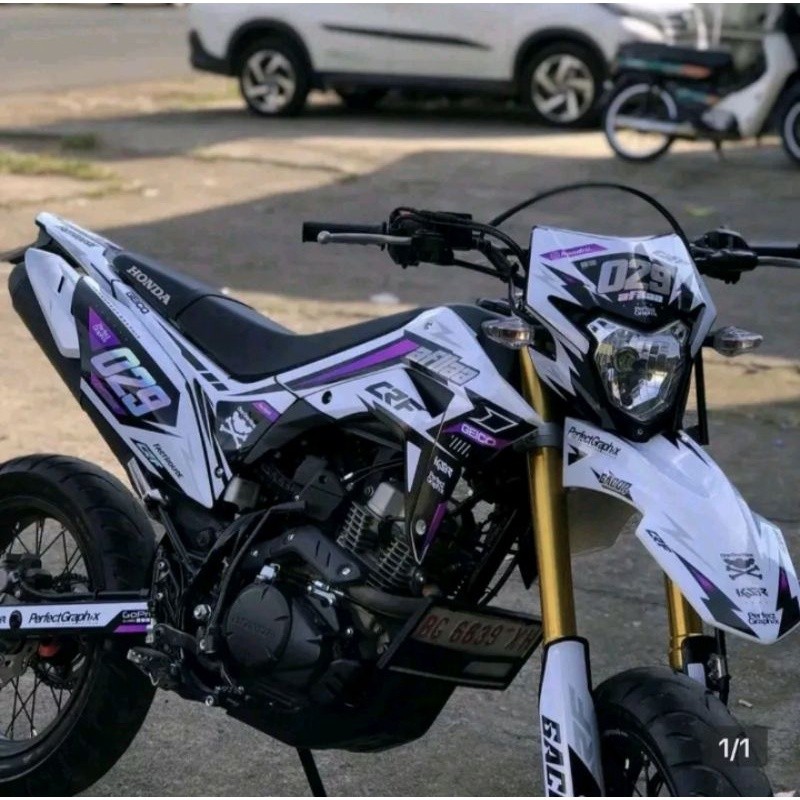 Ms DECAL HONDA CRF PUTIH UNGU BEBAS REQUEST DESAIN DAN NOMOR