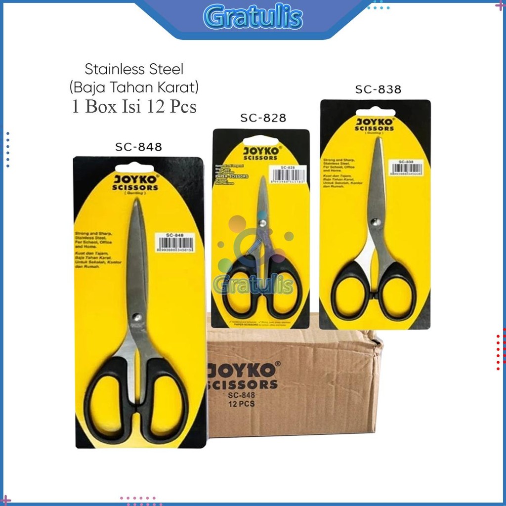 

GUNTING JOYKO [12 PCS] / SCISSORS SC-828 SC-838 SC-848 1 BOX / GUNTING KECIL SEDANG BESAR HITAM STAINLESS STEEL 1 GROSS