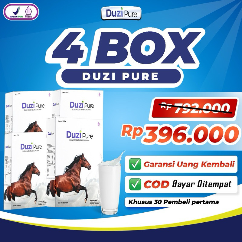 

Duzi Pure Susu Kuda Asli Bubuk Herbal 100% Paket 4 Box