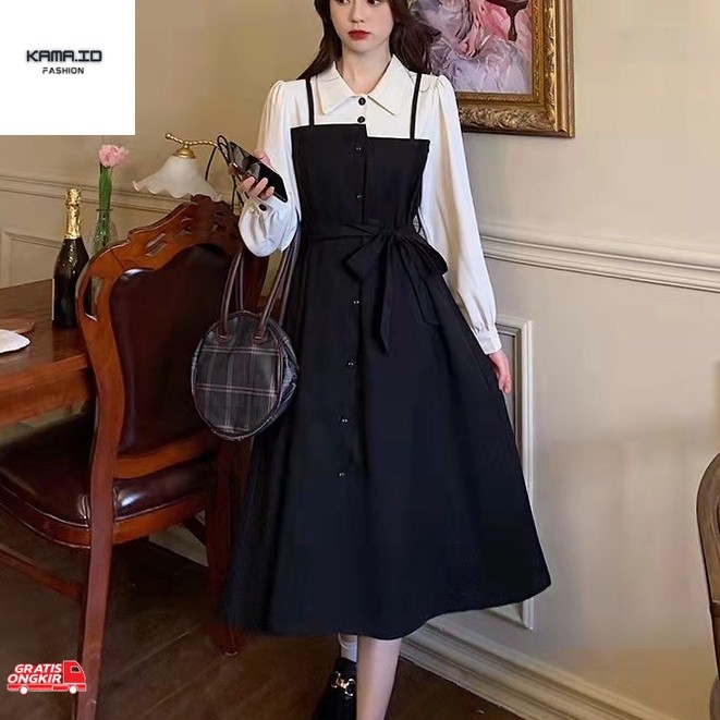 Baju Korea COD model menyatu/dress wanita/long dress/dress korea/midi dress korea/Gaun Hepburn Baru
