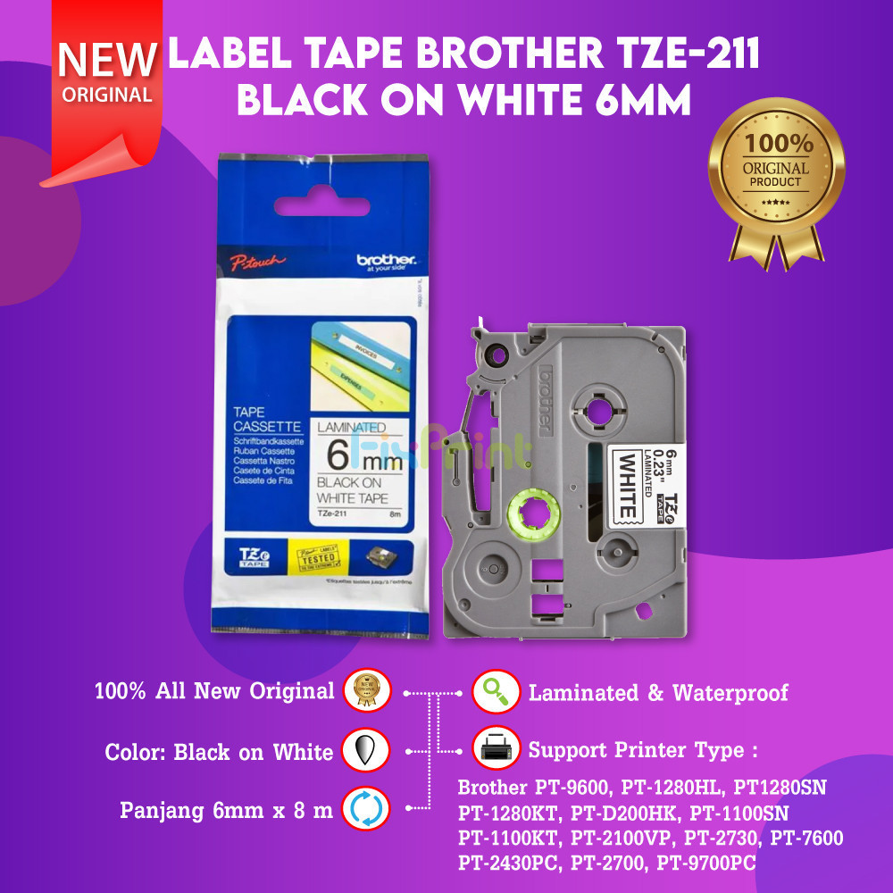 FixPrint Label Tape Original TZE-211 TZE 211 TZE211 Black On White 6mm