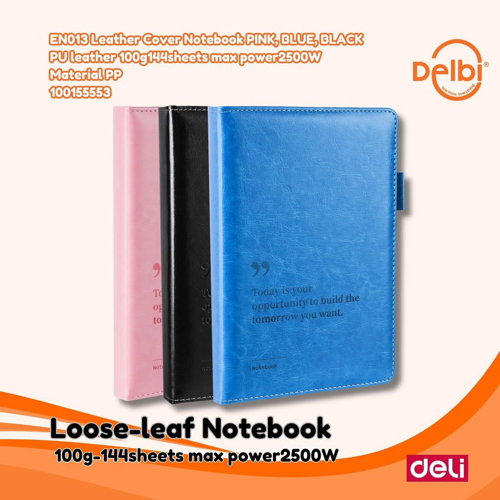 

Deli Leather Cover Notebook / Buku Catatan Sampul Kulit A5 Dengan Pen Holder Kertas Tebal EN013 Leather Cover Notebook PINK, BLUE, BLACK PU leather 100g144sheets max power2500W Material PP