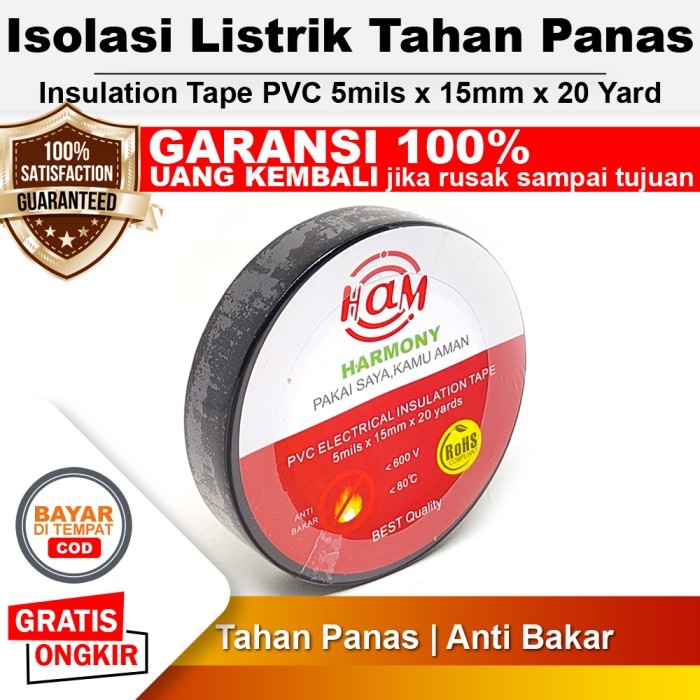 

Isolasi Listrik Tahan Panas Solasi Hitam Harmony Insulation Tape PVC 5mils x 15mm x 20 Yard Anti Bakar