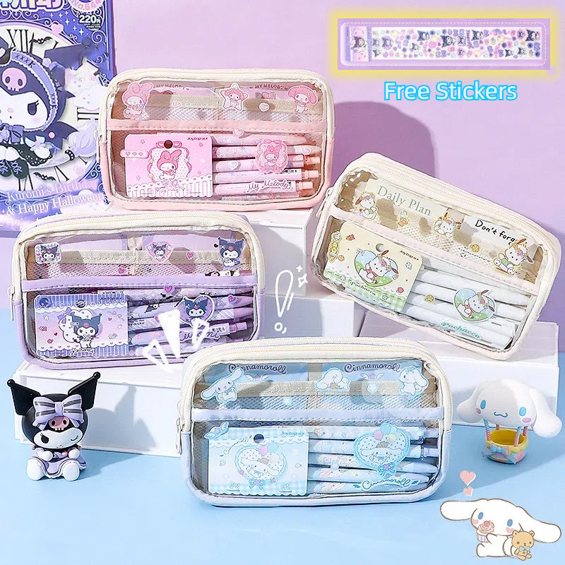 

Abanhappy kotak pensil transparan aesthetic pencil case korean pen pouch lucu stationery organizer Free Stickers