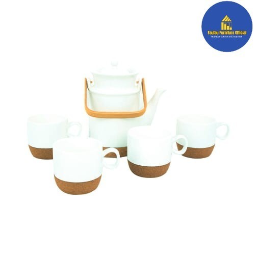 BEST QUALITY Set Teko Kaca dan 4 Gelas Cangkir Cantik Style Genova Klasik_Putih