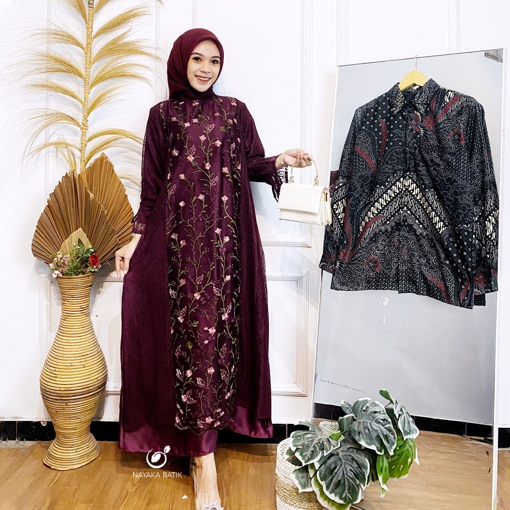 NAYAKA BATIK FURING SERIES - Couple Gamis Modern Aqila Dress Lebaran 2025 Satin Halus Mix Tulle Gard