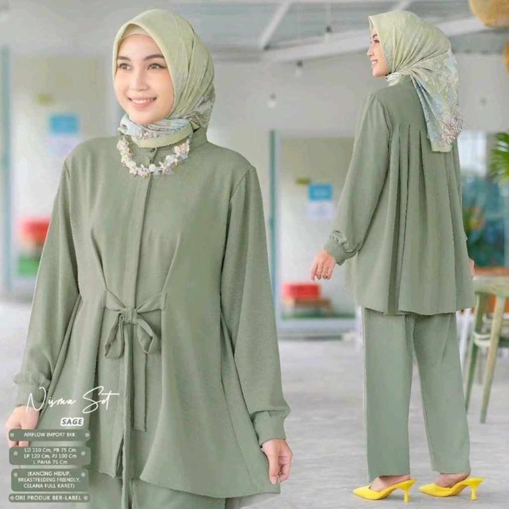 Setelan Wanita Muslim Baju Atasan Celana Nisma One Set Crinkle Airflow | Setelan Muslim Nisma Set At