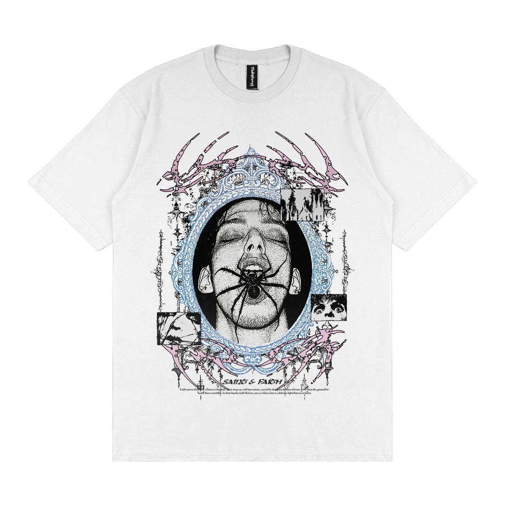 Kaos Distro Putih Bahan Katun Premium, Desain Unik dengan Gambar Orang dengan Labah - labah di Mulut