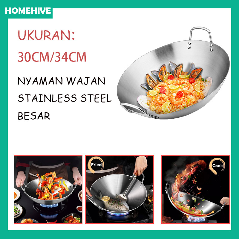 Wajan Stainless Steel 555 Tebal Kuali Premium / Wajan Penggorengan Tebal Full Stainless Steel / Wok 