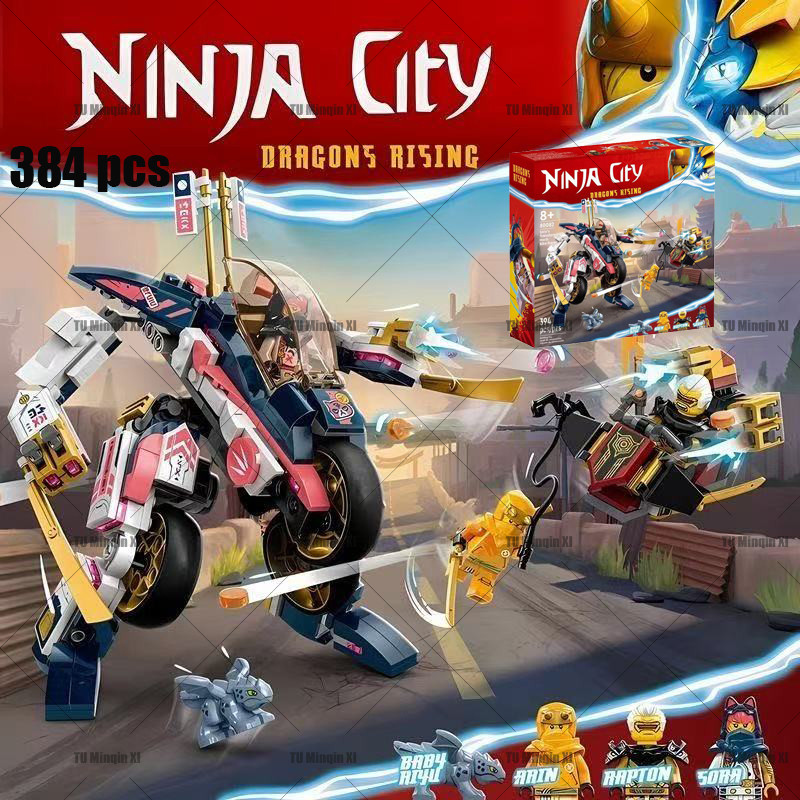 Mainan Blok Sepeda Motor Mech Transformasi Sora (384 Pcs) - Seri Ninja Dengan 3 Figur Mini, Hadiah K