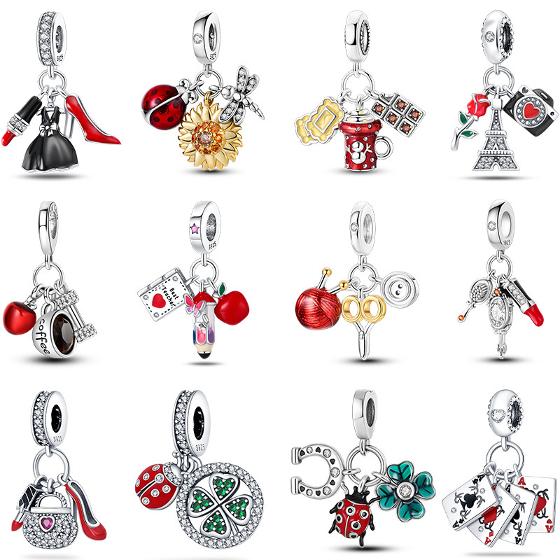 Red 925 Sterling Silver Pomegranate Lipstick Apple Ladybug Playing Cards Charms Beads 3mm DIY Fine J