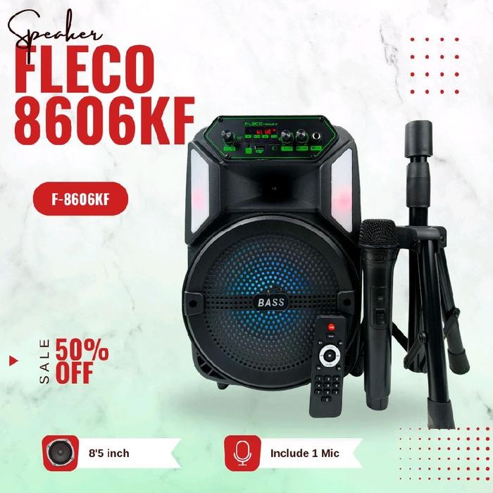 full bass SPEAKER BLUETOOTH FLECO F 8606 LED KF 8'5 INCH FREE MIC WIRELESS + REMOTE + STAND / SPEAKE