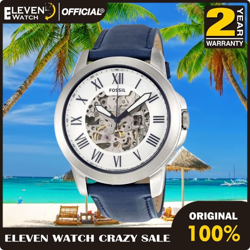 [Promo] Jam Tangan Pria FS ME3111 / ME 3111 Grant Automatic Silver Skeleton Dial Navy Blue Leather S