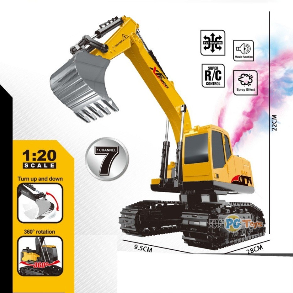 PGTOYS Mainan Beko Excavator XLF Model Remote Control 2.4G RC Ekskavator Rotasi 360 Skala 1:20 Music