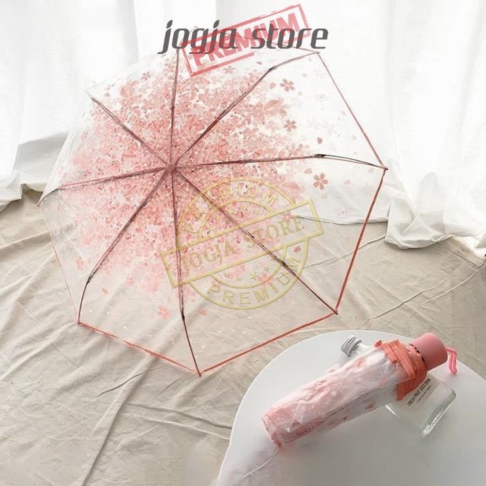 Payung Lipat Jepang Otomatis Payung Transparan Motif Sakura / Cherry