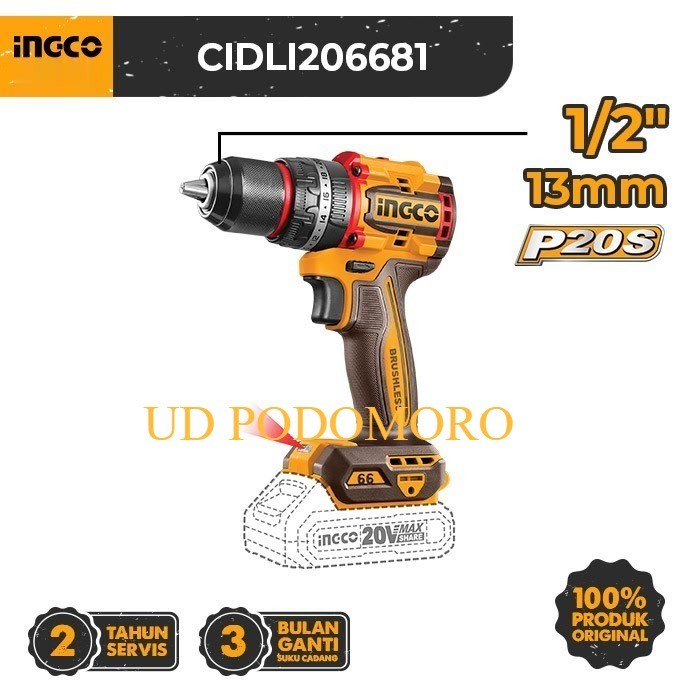 Ingco CIDLI206681 Mesin Bor Beton 13mm 66Nm Unit Only Cordless Impact  Drill 20V