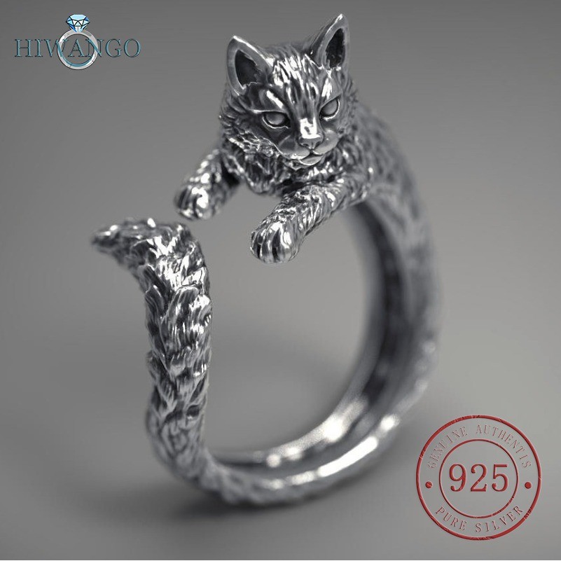 HIWANGO Cincin Kucing Hitam Perak Thailand S925 Baru Untuk Wanita