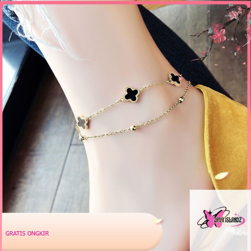 Gelang Kaki Titanium Gelang Wanita Korea Clover Hitam Putih 2 Layer Gelang Kaki aksesoris perhiasan 