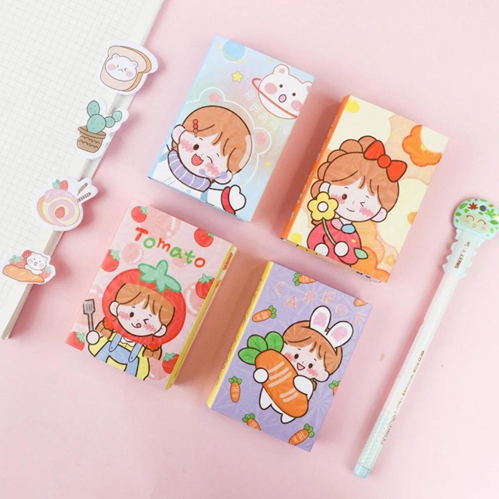 

4 pcs Random Kawaii Brown Hair Little Girl 6 Folding Memo Pad Sticky Notes Planner Sticker Cute Office Decor Korean Stationery