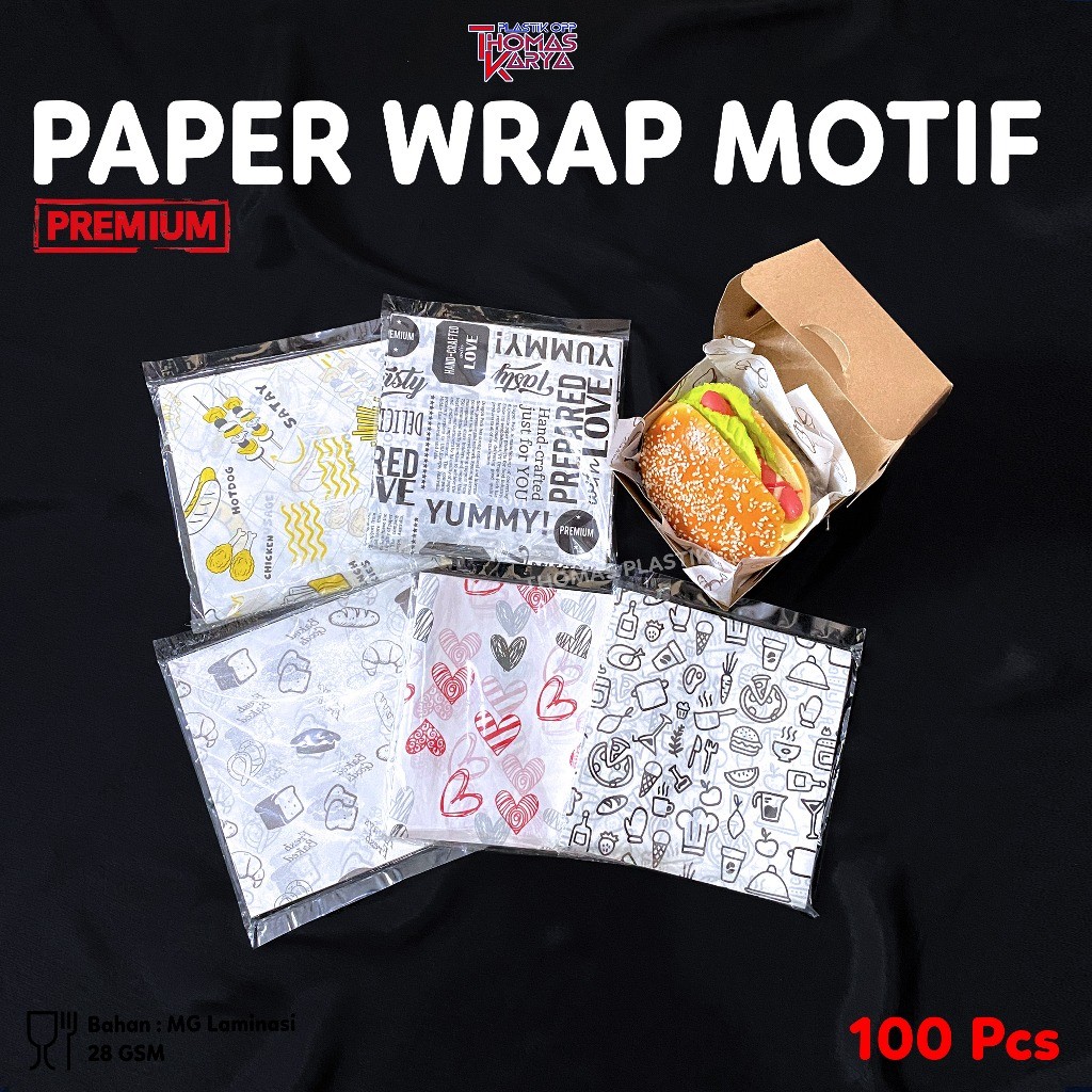 Kertas Nasi Motif 15x15 isi 100 Paper Wrap Printing Laminasi Anti Lengket Food Grade Burger Kebab co