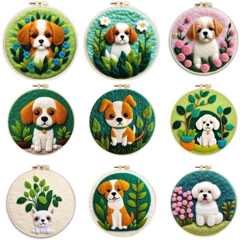 

CHENISTORY Needle Felting Wool Painting With Embroidery Cute Dog Animal Needle Felt Starter Set Felt Painting For Beginner