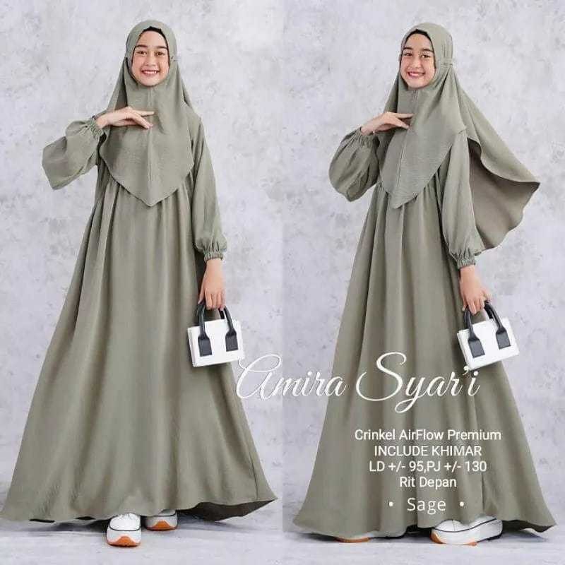Amira Syari Kids Sage Gamis Anak Perempuan (FREE HIJAB) Usia 11-14 Tahun Crinkle AirFlow